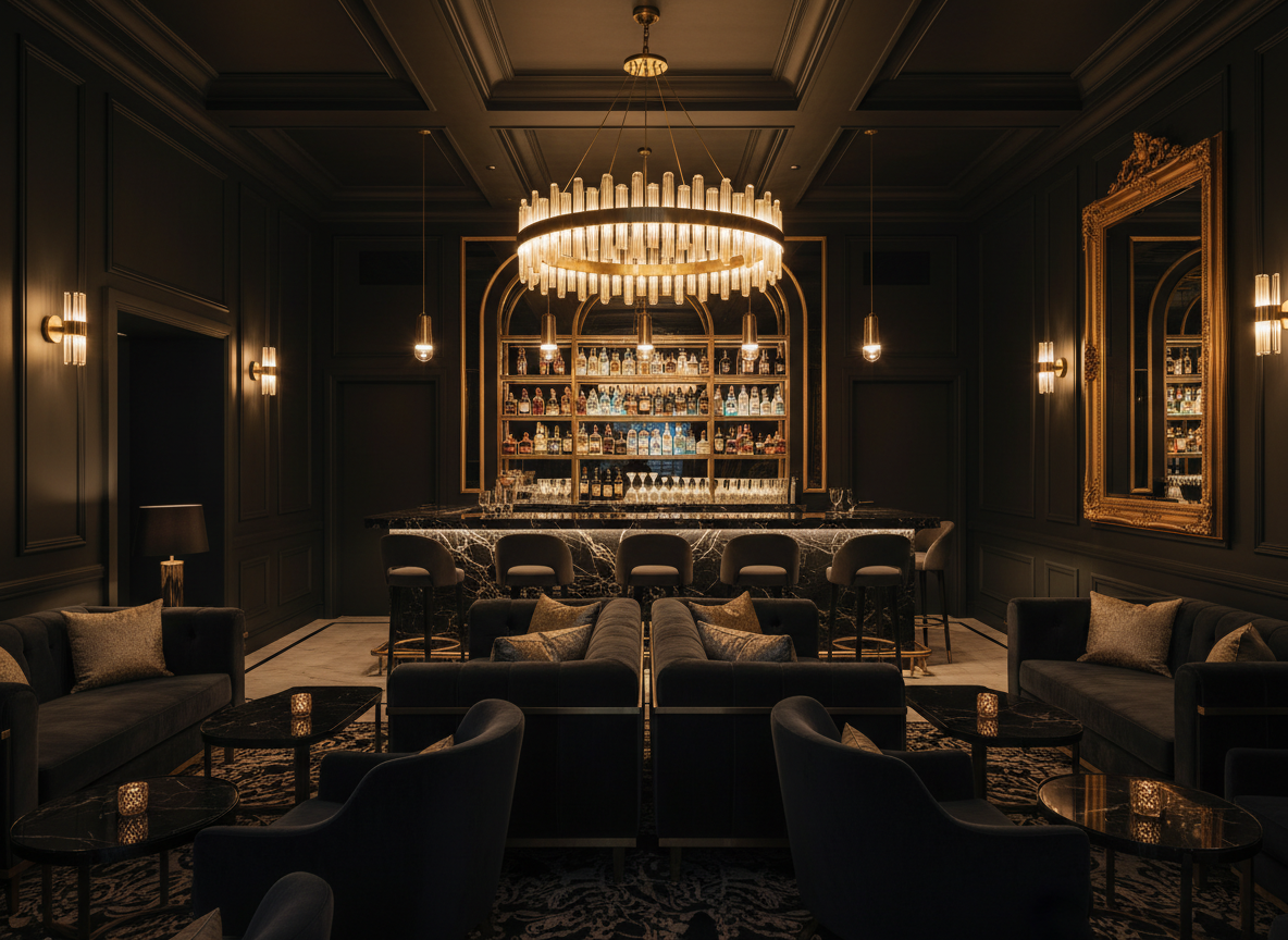 Elegant upscale lounge interior with plush dark seating, gold accent lighting, refined premium bar atmosphere, deep black and gold color palette, luxurious sophisticated mood, soft glowing lights, no people